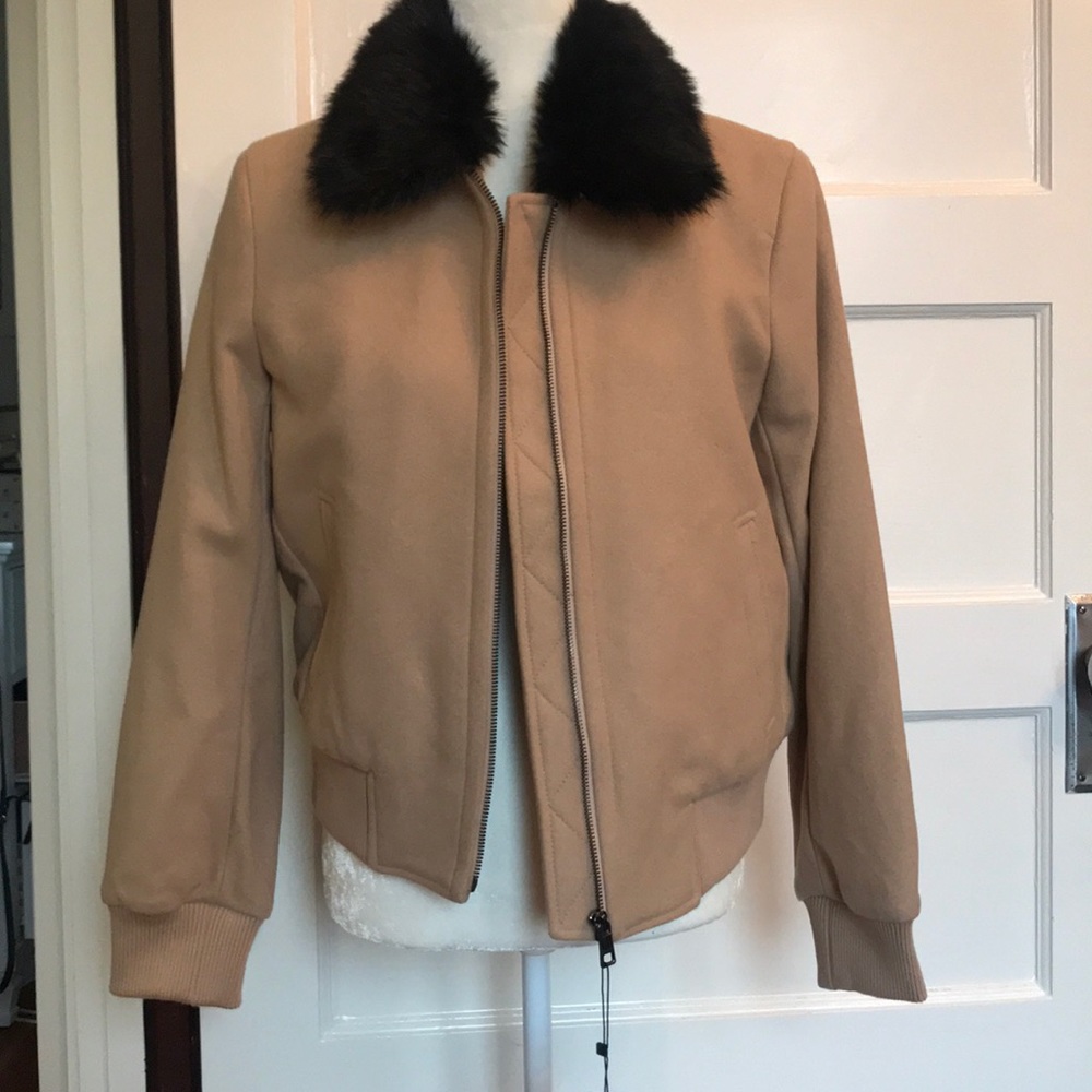 Tan bomber jacket with removable fur trim, Small